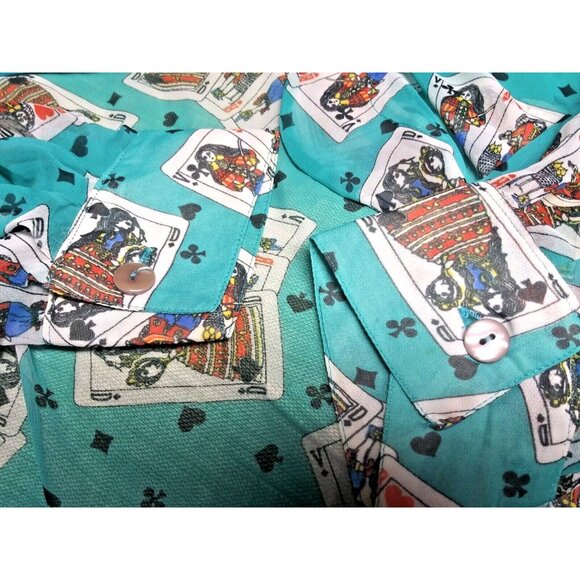VTG Electre PARIS Duster Top One Size Turquoise Playing cards print Open front - Picture 2 of 9